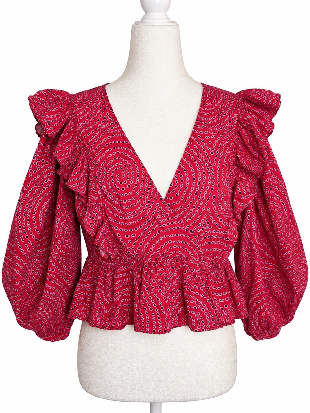 RHODE Resort Elodie Top Red Trail Ruffle Puff Sleeve Blouse XL